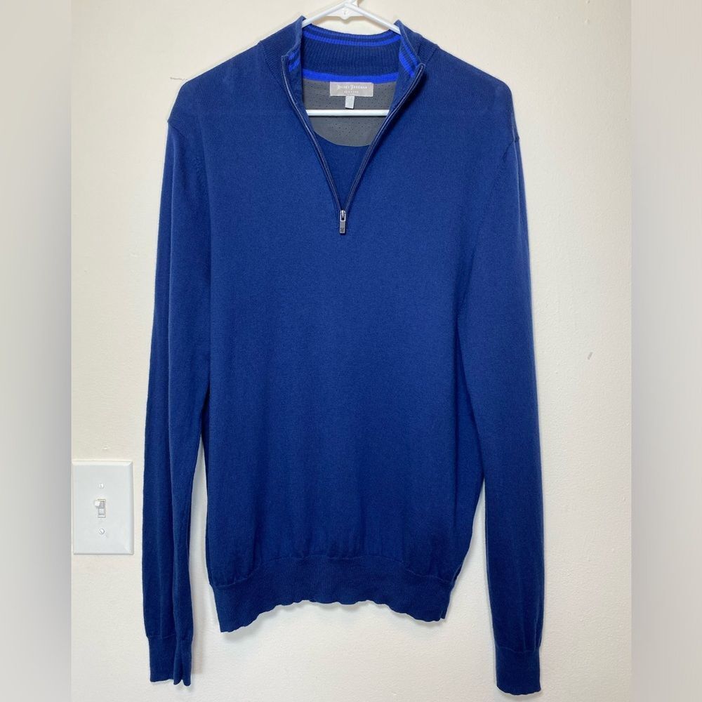 Hickey Freeman | Men’s Quarter Zip Wool/Cotton Knit Sweater Navy Blue Sz Medium